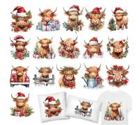 JarThenaAMCS 16 Sheets Christmas Iron on Stickers Highland Cow Poinsettia Heat Transfer Decals Xmas Cattle Printed HTV Crafts Vinyl for Clothing T-Shirts Fabric DIY