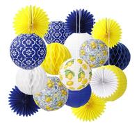 JarThenaAMCS 18Pcs Paper Lantern Kit Capri Lemon Hanging Lantern with Blue Yellow White Honeycomb Ball Paper Fan Summer Mediterranean Decor for Baby Shower Birthday Wedding