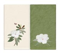 JarThenaAMCS 2 Pack Magnolia Hand Towels Nude Sage Green Flower Embroidered Cotton Dish Towel for Bathroom Hand Drying Kitchen Cleaning, 29.5 x 13.7 Inch