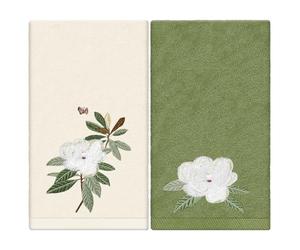 JarThenaAMCS 2 Pack Magnolia Hand Towels Nude Sage Green Flower Embroidered Cotton Dish Towel for Bathroom Hand Drying Kitchen Cleaning, 29.5 x 13.7 Inch