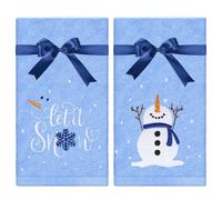 JarThenaAMCS 2 Pack Winter Hand Towel Cotton Embroidered Snowman Snowflake Bathroom Towel Blue Dish Towel with Ribbon for Christmas Drying Cleaning Cooking, 29.5 x 13.7 Inch