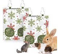 JarThenaAMCS 2 Pcs Christmas Rabbit Hay Feeder Bag with 2 Holes 11.5 x 9 Inch Xmas White Snowflake Guinea Pig Hanging Hay Feeding Bag Storage Dispenser for Winter Hamster Bunny Small Animal Pet