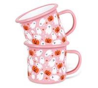 JarThenaAMCS 2 Pcs Halloween Coffee Mug Boo Ghost Pumpkin Enamel Cups with Handle Pink Drinking Mugs for Birthday Holiday Party Gifts, 12 Oz