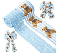 JarThenaAMCS 2 Rolls Bear Wired Edge Ribbons Craft Ribbon Blue Plaid Stripe Bear Fabric Wrapping Ribbon for Bow Wreath Party Home Decor, 2.5 Inch, 20 Yards