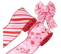 JarThenaAMCS 2 Rolls Christmas Wired Edge Ribbons Red Pink Bow Candy Cane Peppermint Stripe Fabric Craft Ribbon for Bow Wreath Gift Wrap Holiday Party Home Decor, 2.5 Inch, 20 Yards