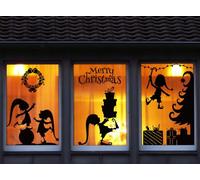 JarThenaAMCS 2 Sheets Christmas Silhouette Window Clings Black Xmas Tree Elves Gift Box Reusable Window Decals for Home School Office Winter Party Supplies