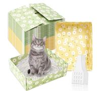 JarThenaAMCS 20Pcs Disposable Litter Boxes for Cats Foldable Yellow Green Daisy Pet Litter Pan with Scoop Portable Paper Toilet Tray for Multi-Cats Small Pets Travel