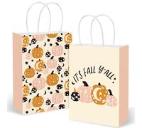JarThenaAMCS 24 Pcs Fall Gift Bags with Handles Autumn Pink Orange Star Pumpkin Paper Bags Candy Goodie Bag for Halloween Birthday Wedding Baby Shower Party, 5.9 x 8.3 x 3.1 Inch