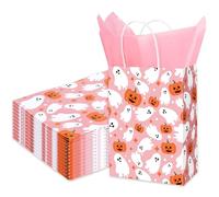 JarThenaAMCS 24 Pcs Halloween Boo Paper Bags with Handles with 24 Sheets Tissue Paper Pink Ghost Pumpkin Gift Bags Candy Goodie Bag for Party Birthday Favors Supplies, 5.9 x 8.3 x 3.1 Inch