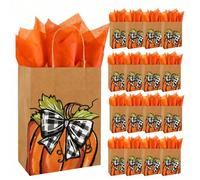JarThenaAMCS 24 Sets Fall Kraft Paper Gift Bags with Tissue Paper Orange Pumpkin Candy Goodie Treat Bags with Handles for Autumn Harvest Thanksgiving Baby Shower Birthday Party, 5.9 x 8.3 x 3.1 Inch