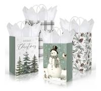 JarThenaAMCS 24Pcs Christmas Paper Gift Bags with Tissue Paper Sage Green Xmas Tree Snowman Party Favor Bags with Handle Goodie Candy Treat Bags for Winter Wedding Holiday