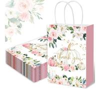 JarThenaAMCS 24Pcs Fall Thank You Gift Bags with Handle Pink White Pumpkin Rose Flowers Paper Party Favor Bag Autumn Floral Treat Goodie Bag for Thanksgiving Wedding Baby Shower