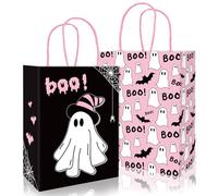 JarThenaAMCS 24Pcs Halloween Little Boo Paper Gift Bags with Handles Black Pink Treat Bags Ghost Bat Print Candy Goodie Bags for Birthday Party Favors Supplies
