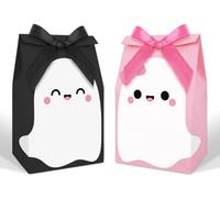JarThenaAMCS 24Pcs Halloween Party Favor Bags Little Boo Ghost Paper Treat Bags with Black Pink Ribbon Bows Candy Goodie Bags for Birthday Baby Shower