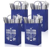 JarThenaAMCS 24Pcs Hanukkah Paper Bags with 30 Sheets Tissue Paper Blue Silver Foil Menorah Candy Treat Bags with Handles for Chanukah Party Favors Supplies