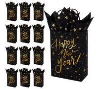 JarThenaAMCS 24Pcs Happy New Year Paper Bags with 30 Sheets Tissue Paper Black Gold Star Candy Treat Bags with Handles for Christmas New Year's Eve Party Favors Supplies