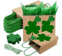 JarThenaAMCS 24Pcs St. Patrick' s Day Paper Gift Bags with Tissue Paper Shamrock Gift Tag Rope Green Lucky Clover Kraft Goodie Treat Bag with Handles for Irish Holiday Party
