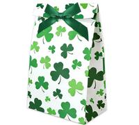 JarThenaAMCS 24Pcs St. Patrick's Day Party Favor Bags Paper Treat Bags with Ribbon Bows White Green Shamrock Clover Candy Goodie Bags for Irish Holiday Birthday