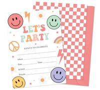 JarThenaAMCS 25 Set Retro Smile Face Party Invitations with Envelopes Boho Birthday Checkered Candy Color Happy Face Invites for Wedding Celebration Party Decors, 5 x 7 Inch