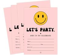 JarThenaAMCS 25 Set Smile Face Party Invitations with Envelopes First Birthday Pink Checkered Smile Face Invitation Paper Cards for Wedding Celebration One Happy Dude Party, 5 x 7 Inch