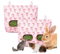 JarThenaAMCS 2Pcs Rabbit Hay Feeder Bag with 2 Holes Pink Bow Guinea Pig Hanging Hay Feeding Bag Large Storage Dispenser for Chinchilla Hamster Bunny Small Animal Pet