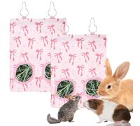 JarThenaAMCS 2Pcs Rabbit Hay Feeder Bag with 2 Holes Pink Bow Guinea Pig Hanging Hay Feeding Bag Storage Dispenser for Chinchilla Hamster Bunny Small Animal Pet