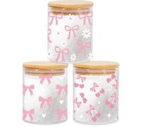 JarThenaAMCS 3 Pcs Pink Bow Glass Storage Jars with Airtight Lid Cute Bow Cherry Floral Decorative Canisters Sets for Valentine's Day Home Kitchen Countertop