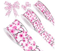 JarThenaAMCS 3 Rolls Cherry Blossoms Grosgrain Ribbon Pink Flower Fabric Craft Ribbon Spring Floral Gift Wrap Ribbon for Wreath Bow Holiday Birthday Party Packing Decor, 5/8" 7/8" 1.5", 15 Yards