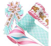 JarThenaAMCS 3 Rolls Christmas Wired Edge Pink Blue Plaid Stripe Gingerbread Fabric Craft Ribbon for Wreath Bow Making DIY Wrapping Supplies, 18 Yards