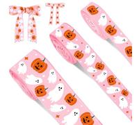 JarThenaAMCS 3 Rolls Halloween Ribbons 15 Yards Pumpkin Ghost Grosgrain Ribbon Pink Orange White Fabric Craft Ribbon for Halloween Wrapping DIY Crafts