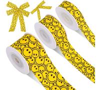 JarThenaAMCS 3 Rolls Smile Face Grosgrain Ribbon Happy Face Craft Ribbon for Wreath Bow Gift Wrap One Happy Dude Party Decor, 15 Yards