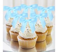 JarThenaAMCS 30Pcs Bow Cupcake Toppers Pre-Tied Blue Satin Ribbon Bow Cupcake Picks Coquette Cake Decorations for Birthday Baby Shower Wedding Party Supplies