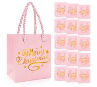 JarThenaAMCS 30Pcs Christmas Mini Gift Bags with Handle Gold Foil Pink Merry Christmas Party Favor Bags Xmas Paper Treat Bag for Holiday Party Supplies