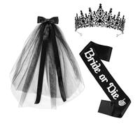 JarThenaAMCS 3Pcs Bride or Die Bachelorette Party Decoration Set Black Bride Bow Veil Tiara Crown Sash for Women Halloween Bridal Shower Wedding Accessories