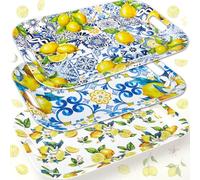 JarThenaAMCS 3Pcs Capri Lemon Serving Trays Blue Tile Yellow Lemon Platter with Handles Reusable Serving Dishes for Summer Party Sharing Snacks Fruit Dessert