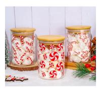 JarThenaAMCS 3Pcs Christmas Glass Storage Jars Red White Candy Cane Gingerbread Man Clear Canisters Sets with Airtight Lid for Xmas Home Kitchen Countertop Decor