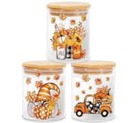 JarThenaAMCS 3Pcs Fall Glass Storage Jars with Airtight Bamboo Lid Orange Pumpkin Gnome Truck Canisters Sets for Autumn Harvest Thanksgiving Home Kitchen Countertop Decoration