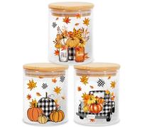 JarThenaAMCS 3Pcs Fall Glass Storage Jars with Airtight Bamboo Lid Pumpkin Truck Leaves Clear Food Storage Canisters Sets for Autumn Thanksgiving Home Kitchen Countertop Decoration