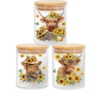 JarThenaAMCS 3Pcs Highland Cow Sunflower Glass Storage Jars With Airtight Lid Cattle Floral Decorative Canisters Sets For Cookie Spring Summer Farmhouse Home Kitchen Countertop