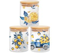 JarThenaAMCS 3Pcs Lemon Floral Glass Storage Jars with Airtight Lid Yellow Lemon Blue Leaves Tiles Decorative Candy Canisters Sets for Spring Summer Farmhouse Home Kitchen Countertop