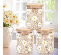JarThenaAMCS 3Pcs Summer Daisy Glass Storage Jars with Airtight Bamboo Lid Clear Flower Canisters Sets for Home Kitchen Countertop Decor