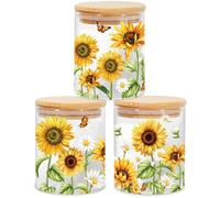 JarThenaAMCS 3Pcs Sunflower Daisy Glass Storage Jars with Airtight Lid Wildflower Decorative Canisters Sets for Spring Summer Farmhouse Home Kitchen Countertop