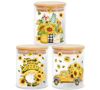 JarThenaAMCS 3Pcs Sunflower Glass Storage Jars with Airtight Bamboo Lid Watercolor Gnome Truck Candy Cookie Canisters Sets for Spring Summer Home Kitchen Countertop Decorations