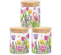 JarThenaAMCS 3Pcs Tulip Lavender Glass Storage Jars with Airtight Lid Wildflower Butterfly Decorative Canisters Sets for Cookie Spring Summer Farmhouse Home Kitchen Countertop