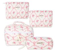 JarThenaAMCS 4 Pack Pink Bow Makeup Bag Coquette Bow Knot Floral Cotton Cosmetic Bag Cute Organizer Toiletry Bag with Zipper for Women Party Gift Supplies, Pink