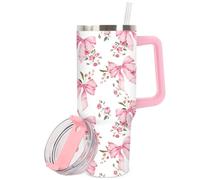 JarThenaAMCS 40oz Spring Coquette Pink Bow Tumbler with Handle Lid and Straw Watercolor Floral Bowknot Tumbler Pink White Flower Stainless Steel Cup for Women Friend Valentine Holiday Birthday Travel