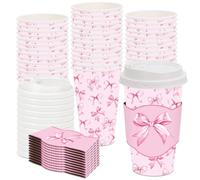 JarThenaAMCS 48 Set Pink Bow Disposable Coffee Cups with Lids and Sleeves Watercolor Bow Paper Drinking Cups For Valentine Birthday Wedding Party Supplies