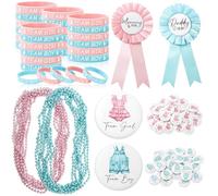 JarThenaAMCS 48 Sets Baby Gender Reveal Party Favors Supplies Team Boy or Girl Button Pins Silicone Wristbands Blue Pink Bead Necklaces 2Pcs Mommy and Daddy to Be Corsages for Baby Shower