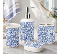 JarThenaAMCS 4Pcs Blue Floral Bathroom Accessories Vintage Chinoiserie Flower Ceramic Liquid Dispenser Toothbrush Holder Tumbler Soap Dish for Home Party Favors Supplies
