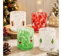 JarThenaAMCS 4Pcs Christmas Icon Juice Glass 16 Oz Xmas Tree Santa Snowman Reindeer Wine Glass Stemless Cocktail Drinking Cups for Winter Home Party Favors Supplies